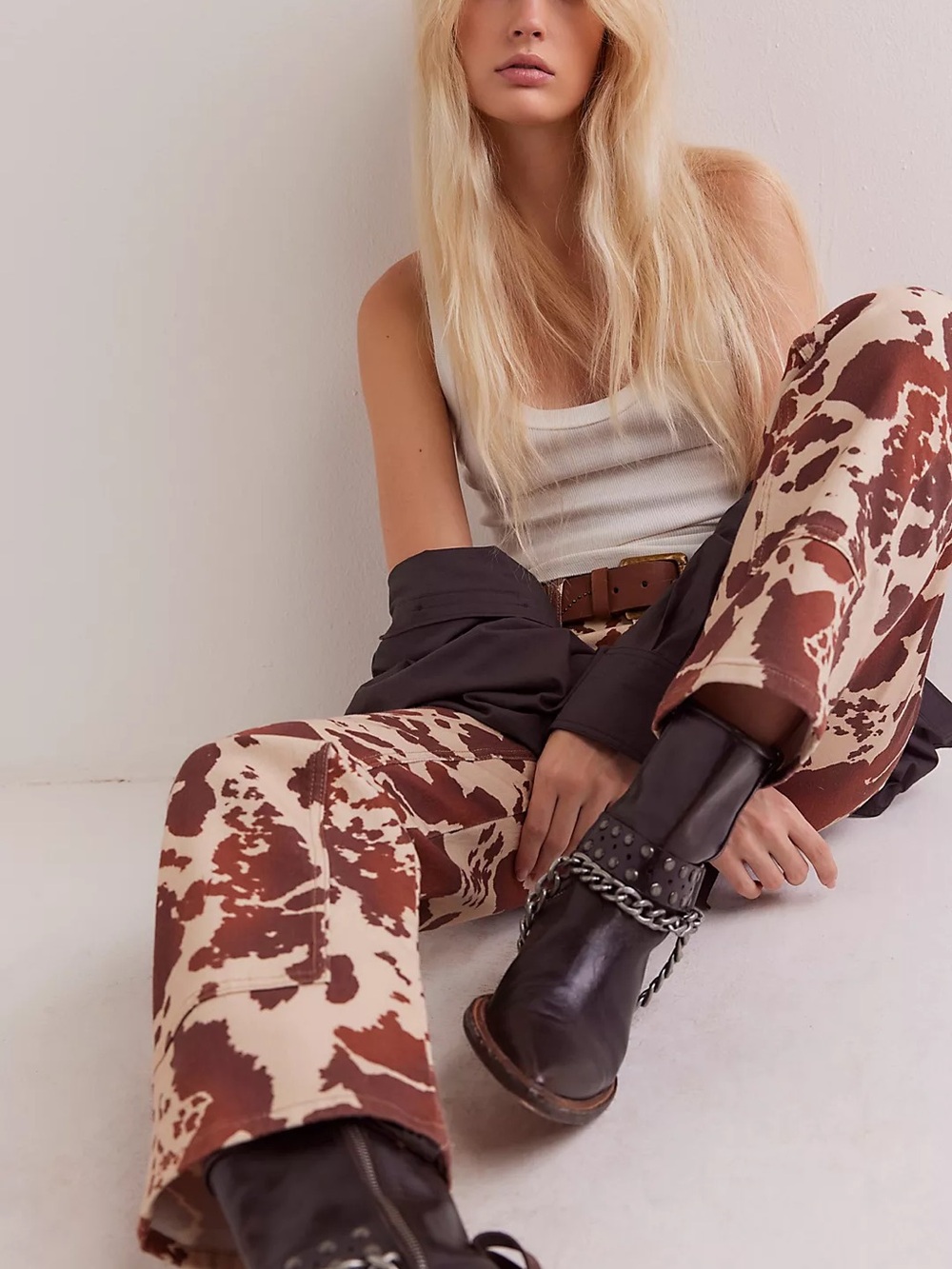 NWT Free People We The Free Risk Taker Mid-Rise Printed Jeans Combo cow-print
